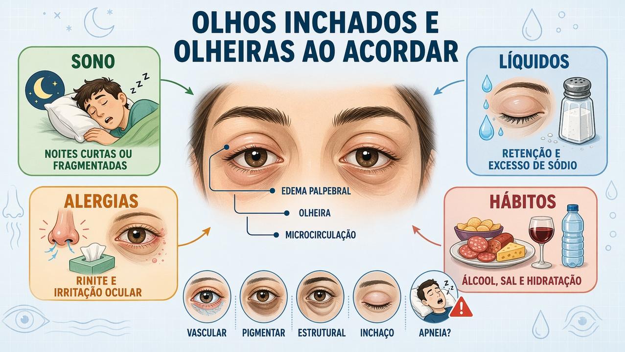Sono, líquidos, alergias e hábitos explicam olhos inchados e olheiras.