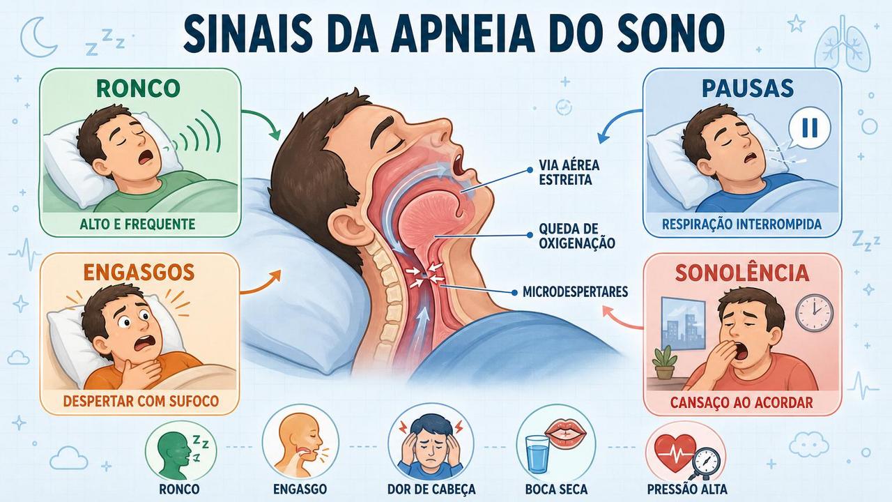 Infográfico resume sinais centrais da apneia do sono e suas repercussões.