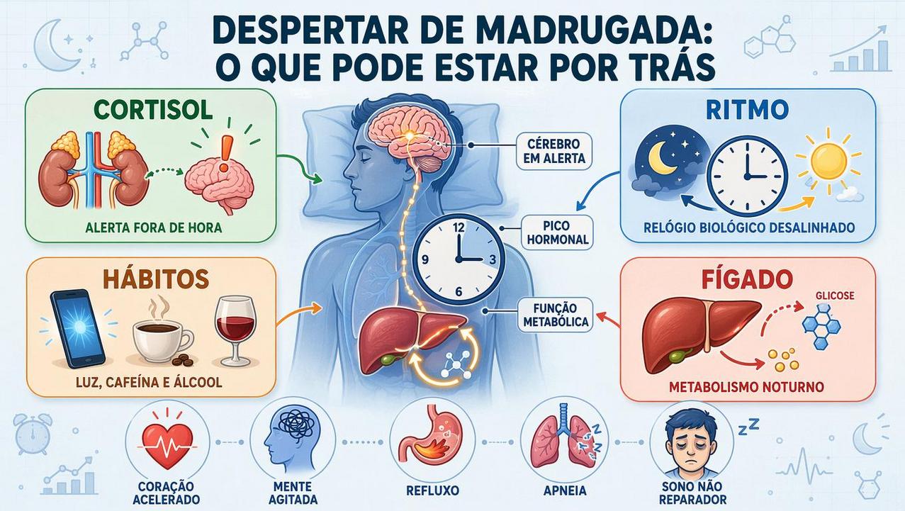 Infográfico resume cortisol, ritmo biológico, hábitos noturnos e influência metabólica hepática.