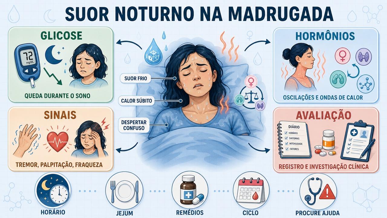 Infográfico resume glicose, hormônios, sinais associados e momentos de avaliação.