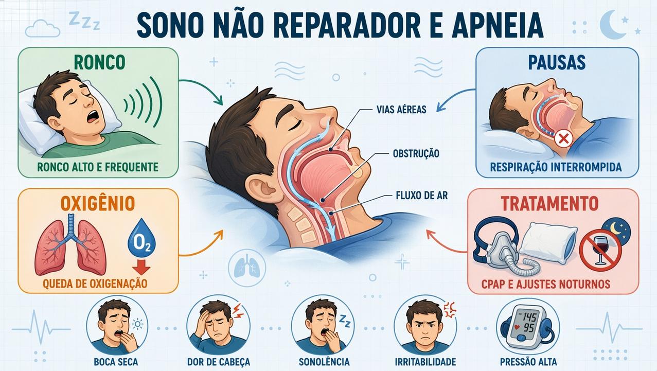 Ronco, pausas, queda de oxigênio e tratamento resumem os pilares da apneia.