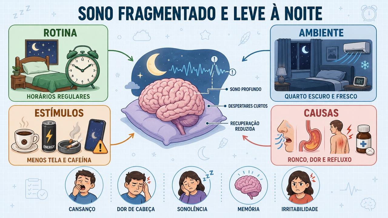 Rotina, ambiente, estímulos e causas clínicas influenciam a fragmentação do sono.