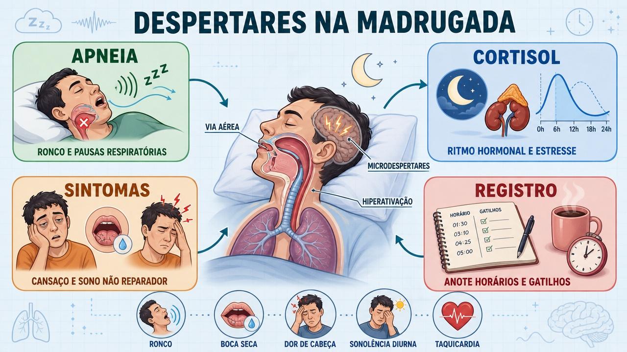 Infográfico resume apneia, cortisol, sintomas e registro dos despertares noturnos.