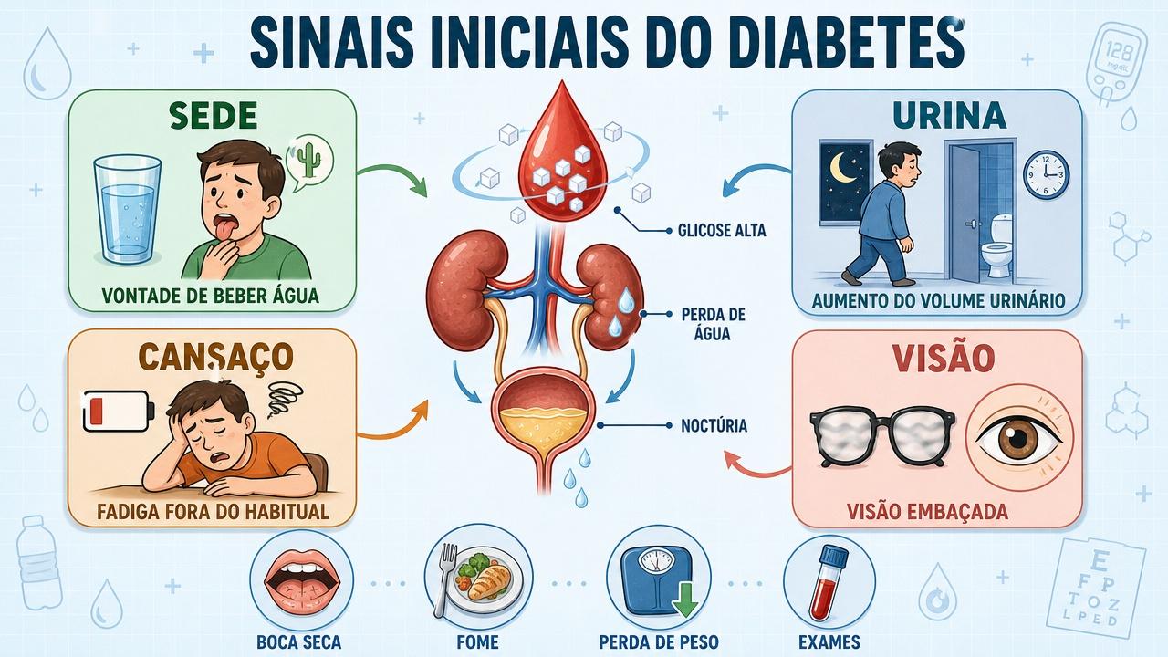 Infográfico resume sinais iniciais do diabetes e sintomas que merecem avaliação.