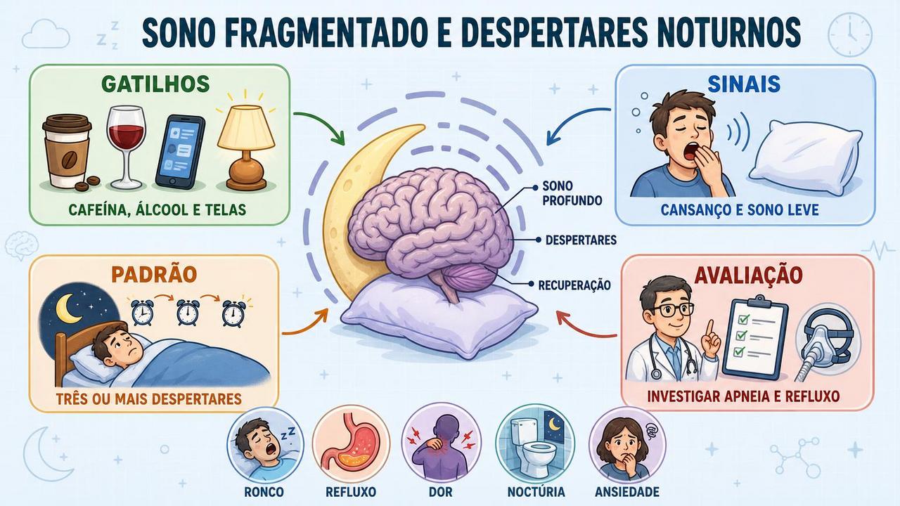 Gatilhos, sinais, padrão e avaliação ajudam a entender o sono fragmentado.