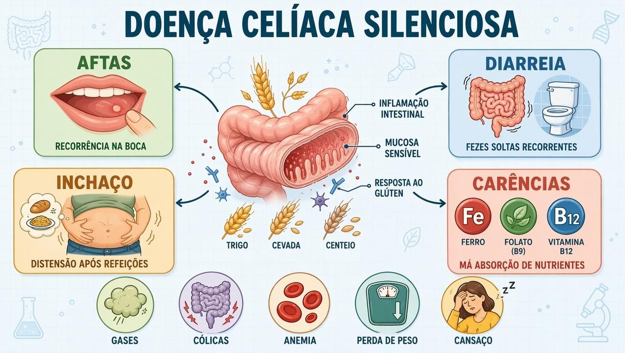 Infográfico resume sinais centrais e carências ligadas à doença celíaca silenciosa.