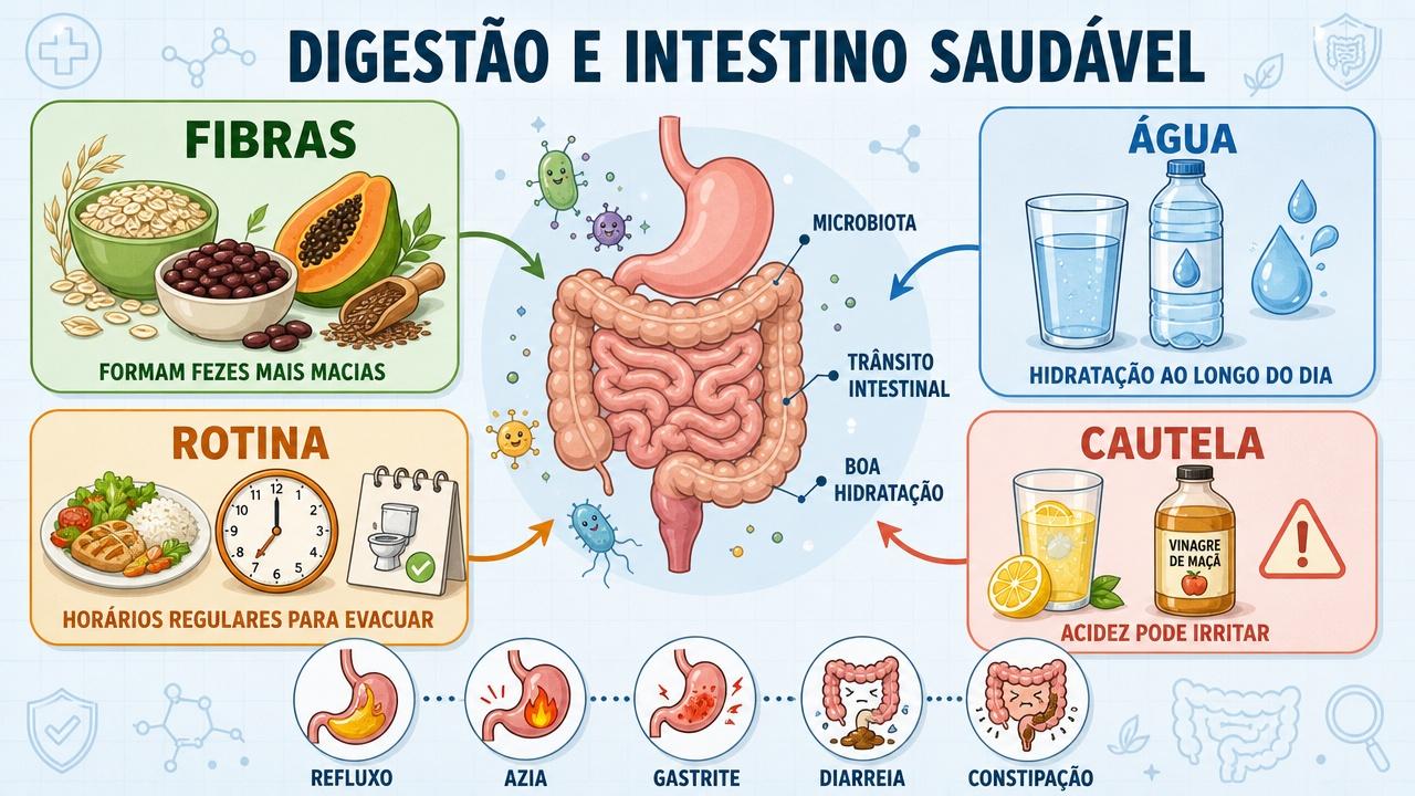Fibras, água, rotina e cautela com acidez sustentam melhor a digestão.