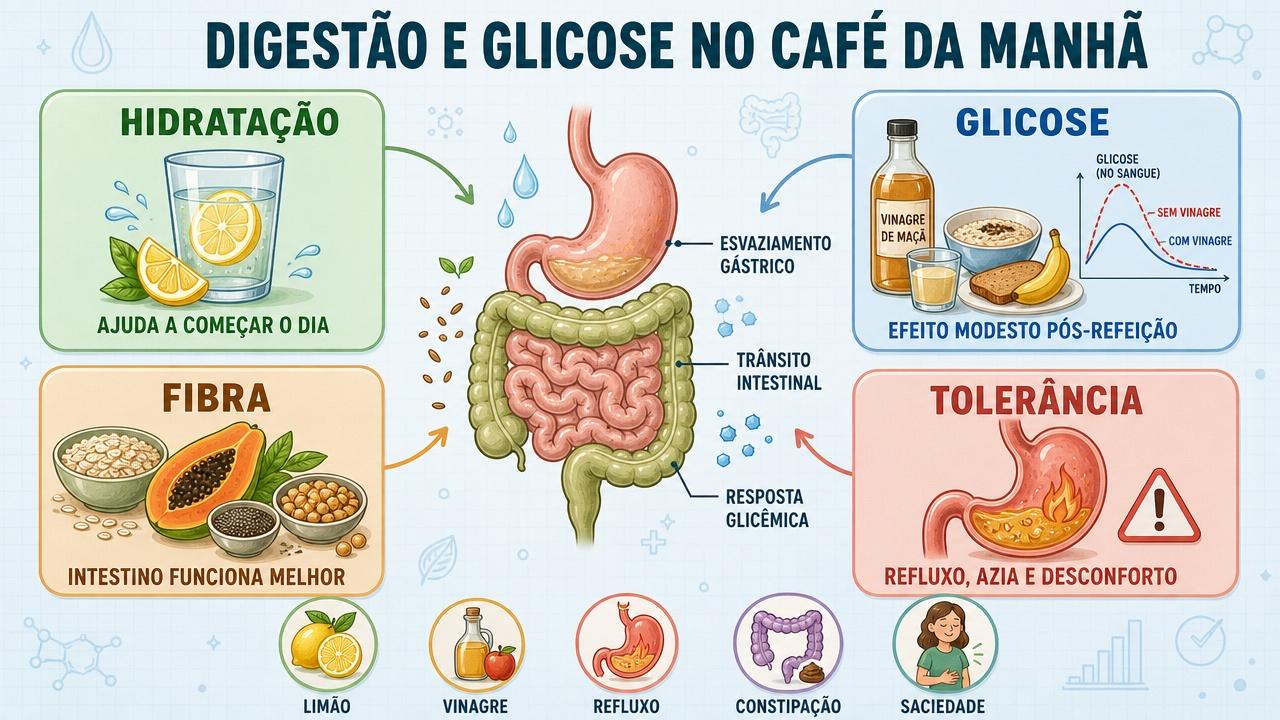 Infográfico resume hidratação, glicose, fibra e tolerância digestiva na rotina matinal.