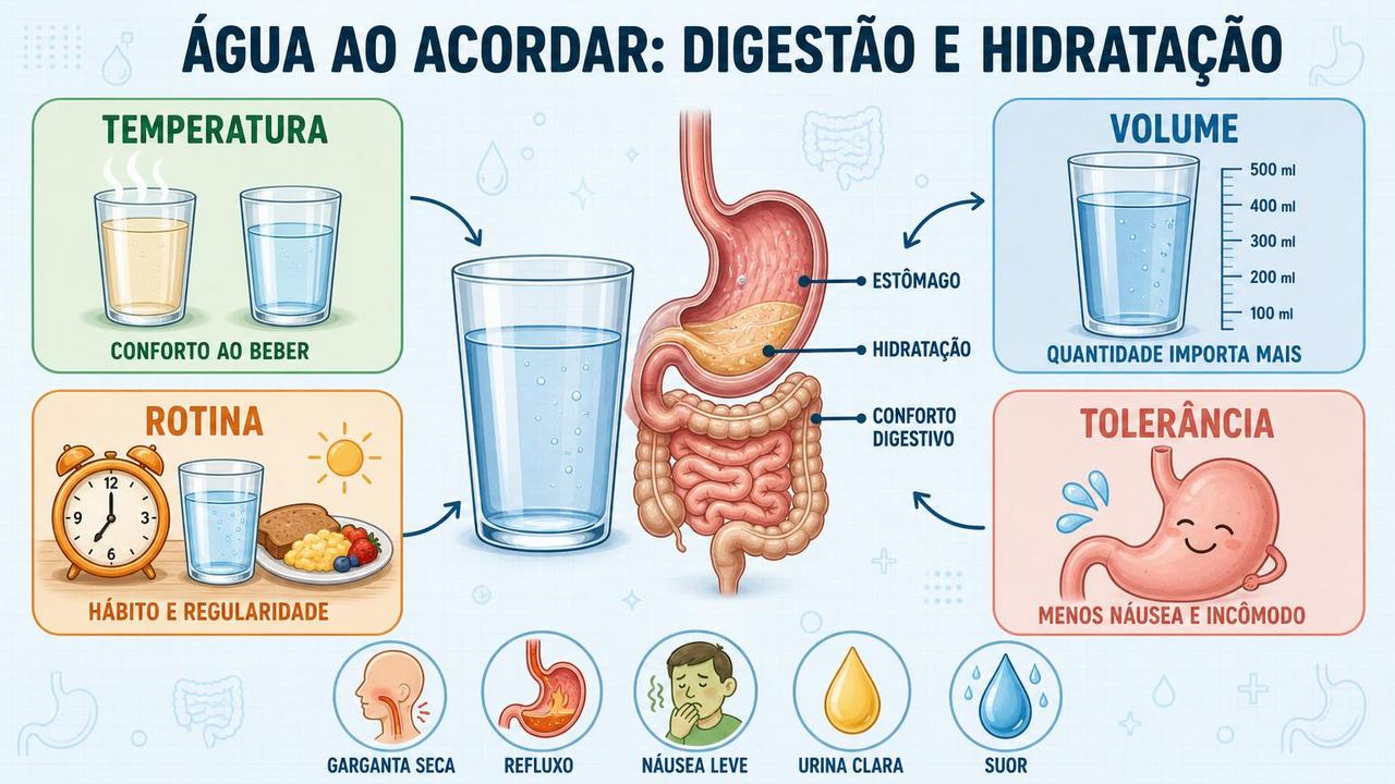 Temperatura, volume, rotina e tolerância orientam a hidratação matinal e digestiva.