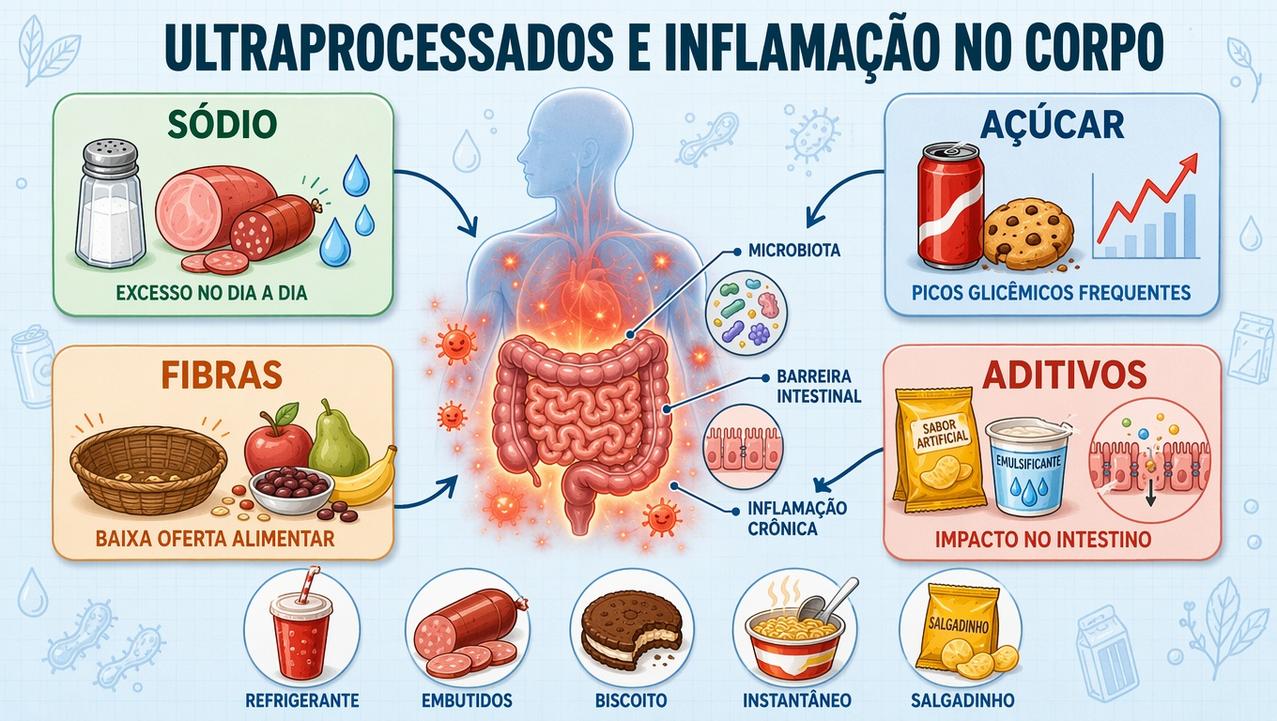 Sódio, açúcar, fibras baixas e aditivos explicam parte da inflamação.