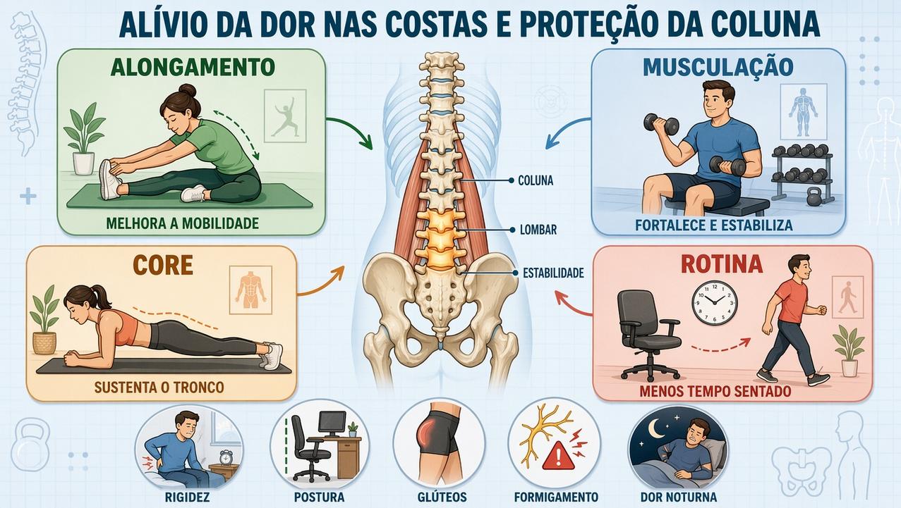 Mobilidade, força, core e rotina formam os pilares contra dor nas costas.