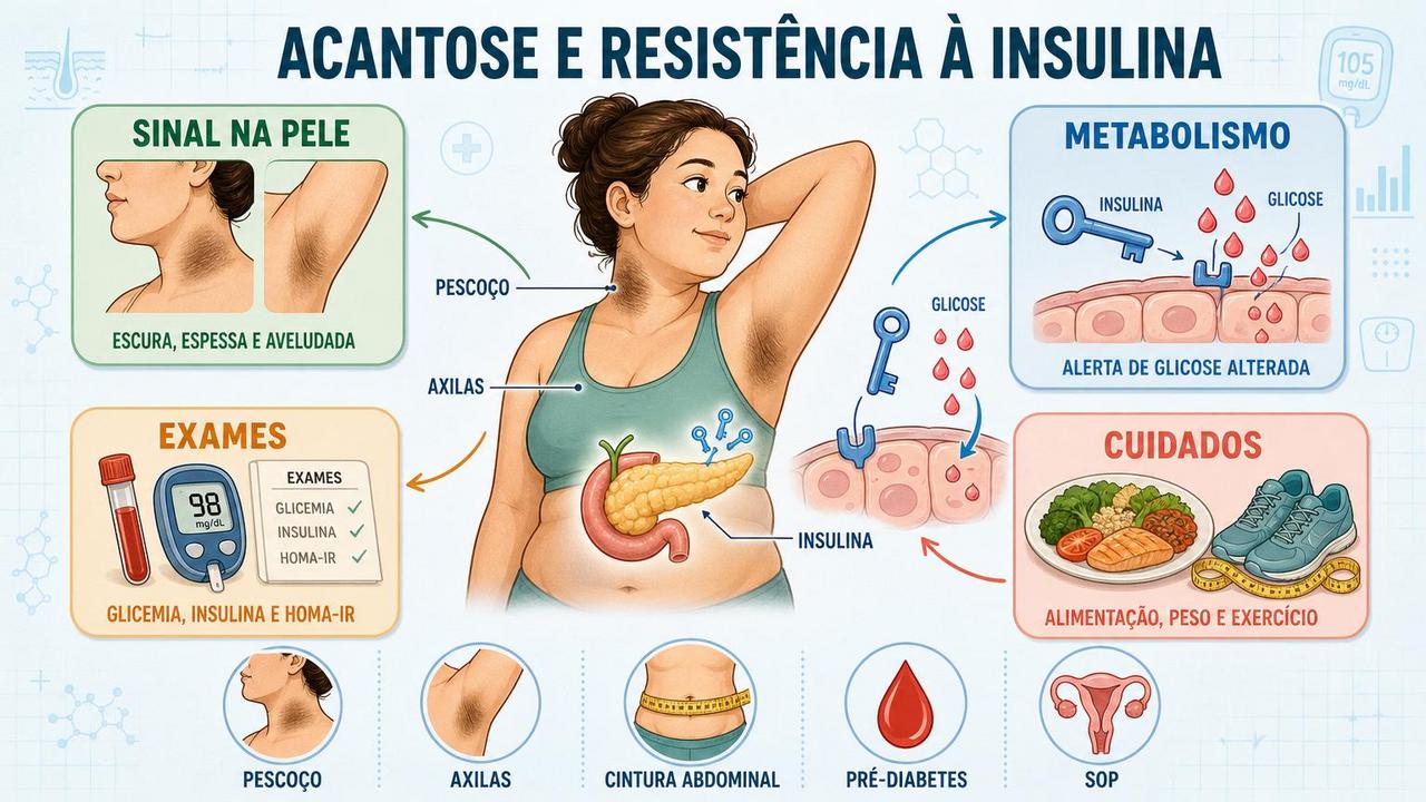 Infográfico resume sinais, exames, metabolismo e cuidados ligados à acantose.
