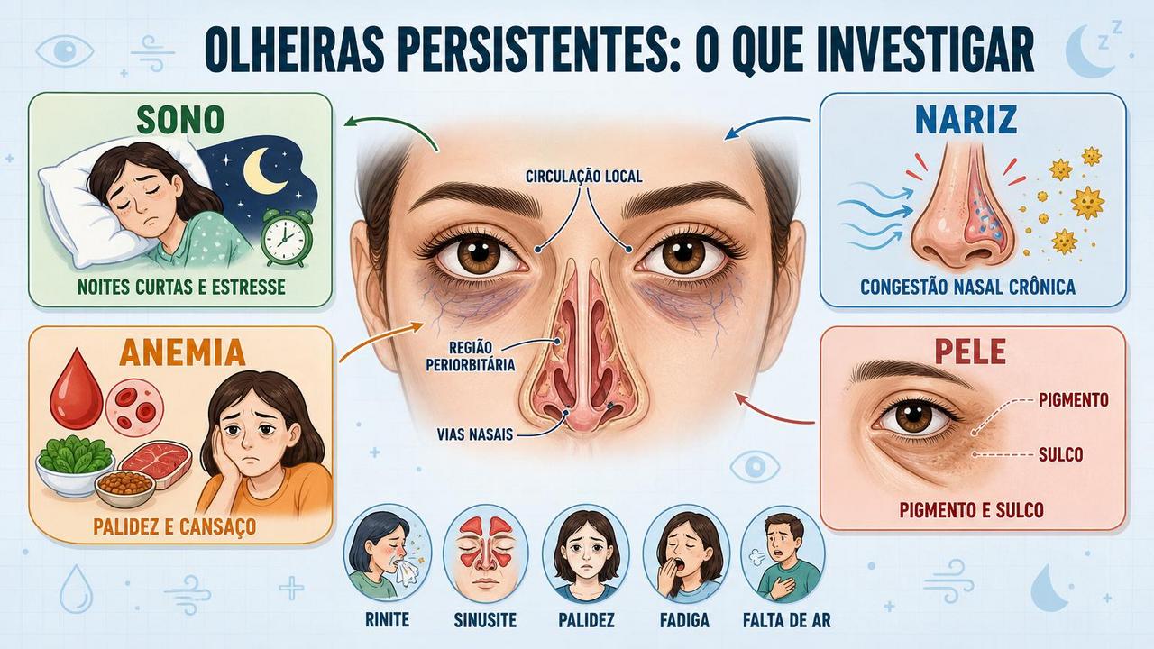 Infográfico resume sono, congestão nasal, anemia e pele nas olheiras persistentes.