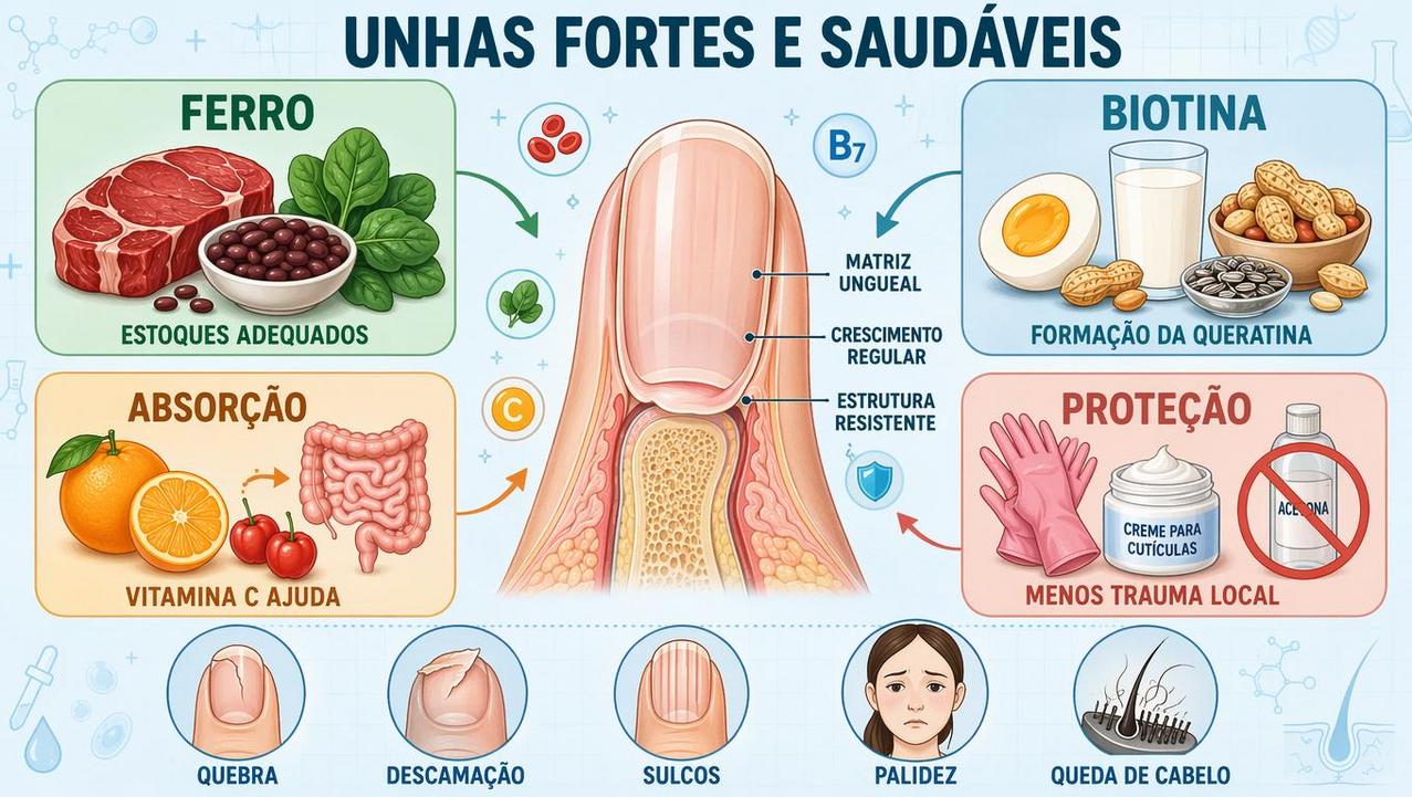 Ferro, biotina, absorção e proteção local sustentam unhas mais resistentes.