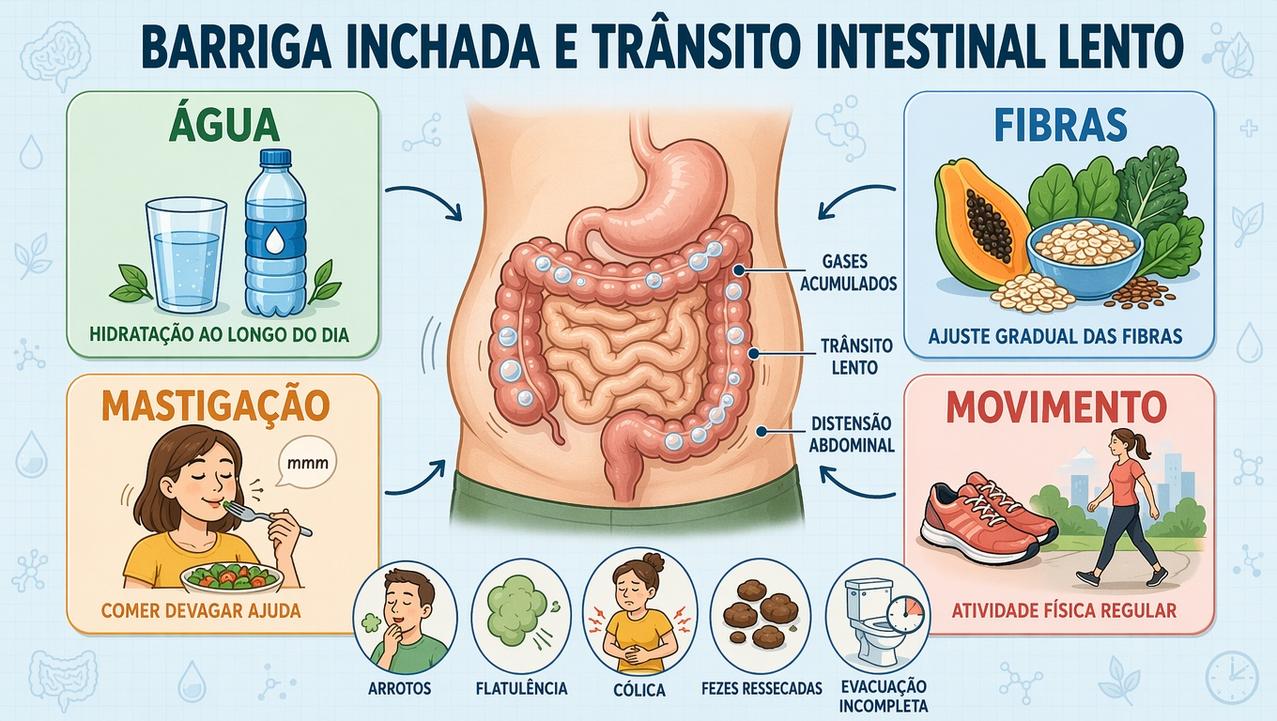 Hidratação, fibras, mastigação e movimento ajudam a reduzir distensão abdominal.