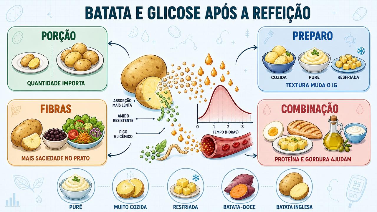 Porção, preparo, fibras e combinação definem o impacto glicêmico da batata.