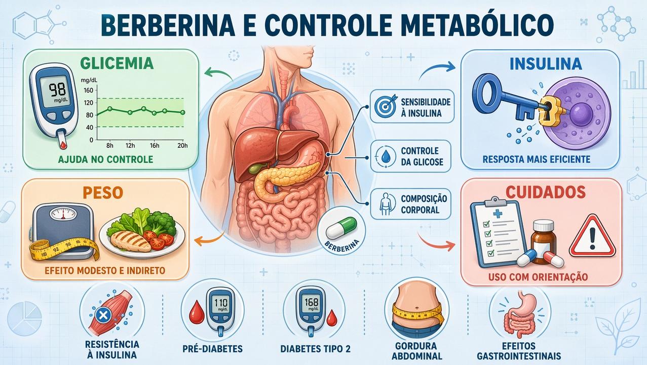 Infográfico resume glicemia, insulina, peso e cuidados no uso da berberina.