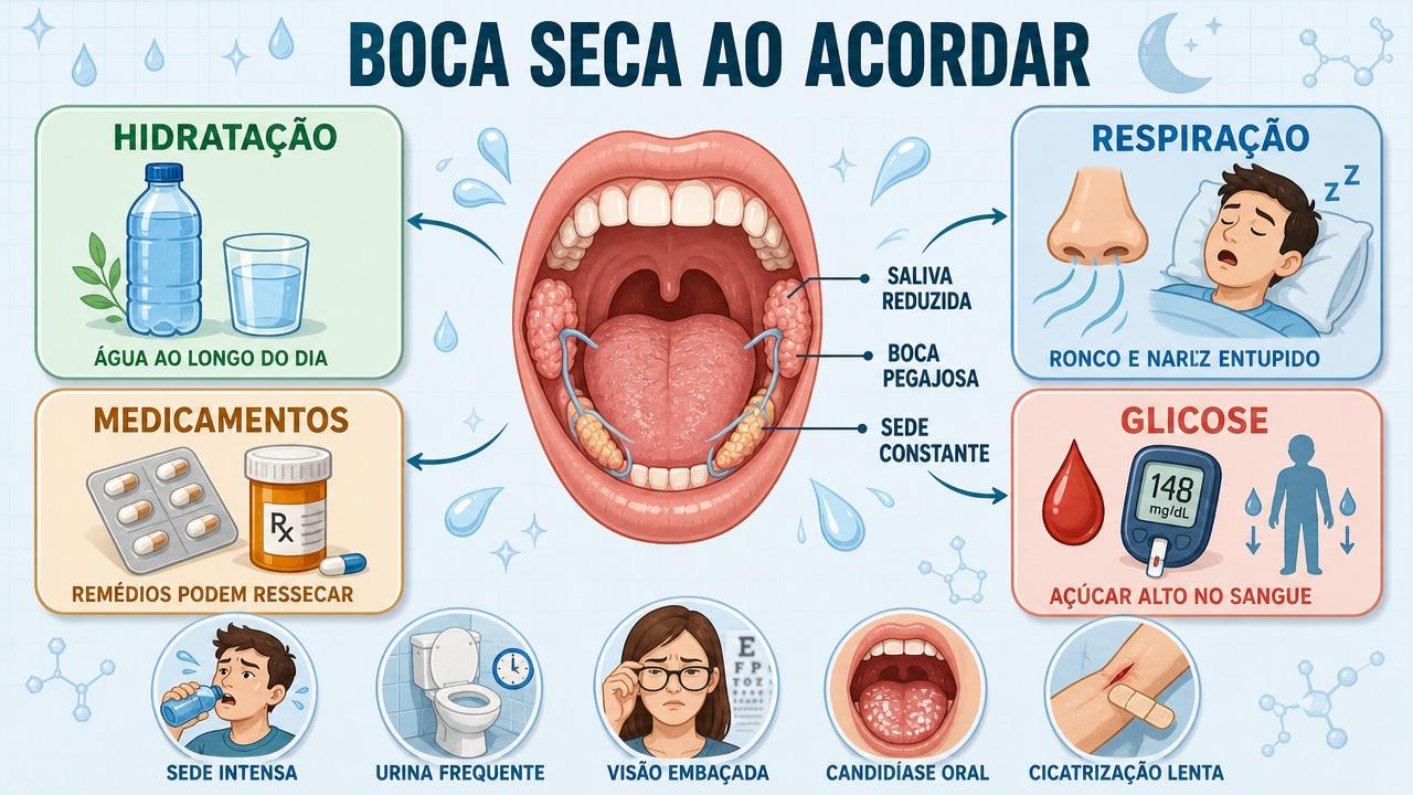 Infográfico resume hidratação, respiração, medicamentos e glicose como causas principais.