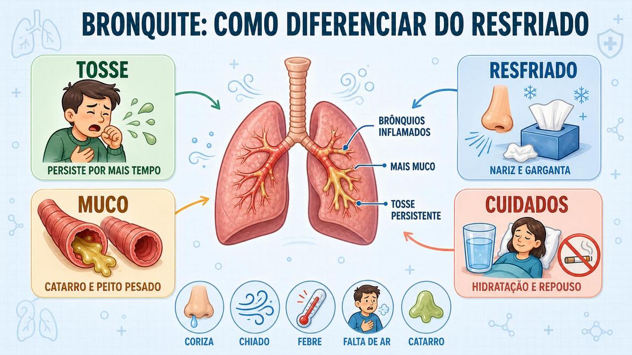 Infográfico mostra sinais, diferenças e cuidados entre bronquite e resfriado comum.