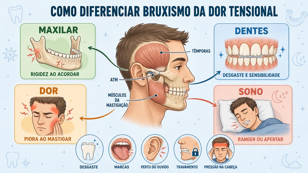 Infográfico resume sinais que diferenciam bruxismo de dor de cabeça tensional.