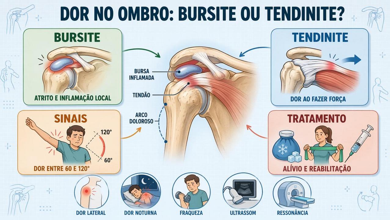 Infográfico compara bursite, tendinite, sinais clínicos e opções de tratamento.