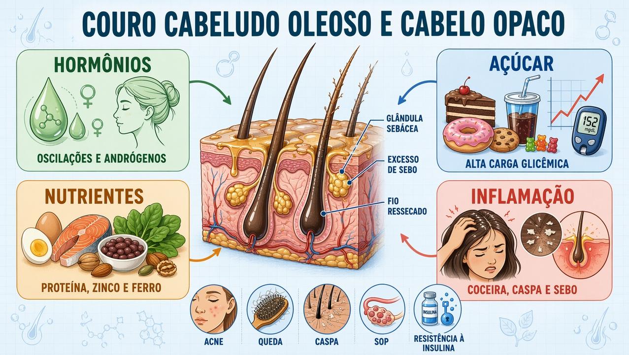 Hormônios, açúcar, nutrientes e inflamação influenciam a saúde do couro cabeludo.