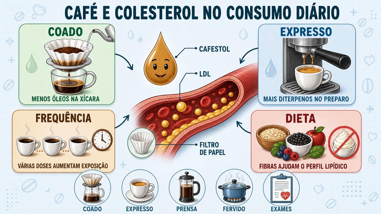 Infográfico resume cafestol, frequência, dieta e métodos que influenciam o LDL.