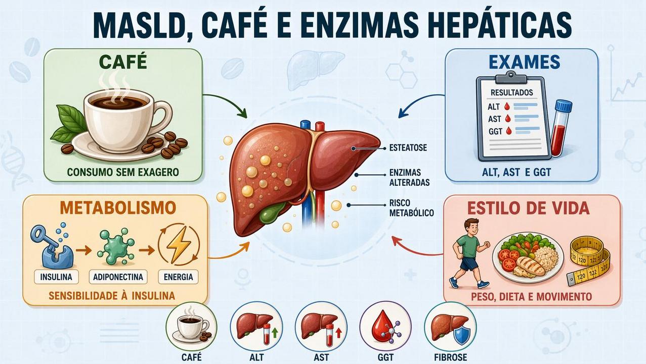 Infográfico resume café, exames, metabolismo e estilo de vida na MASLD.