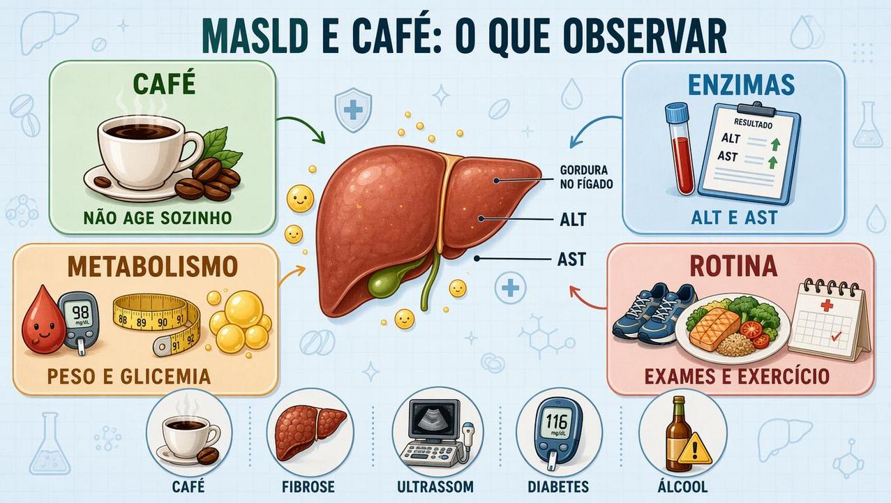 Infográfico resume café, enzimas hepáticas, metabolismo e acompanhamento clínico na MASLD.