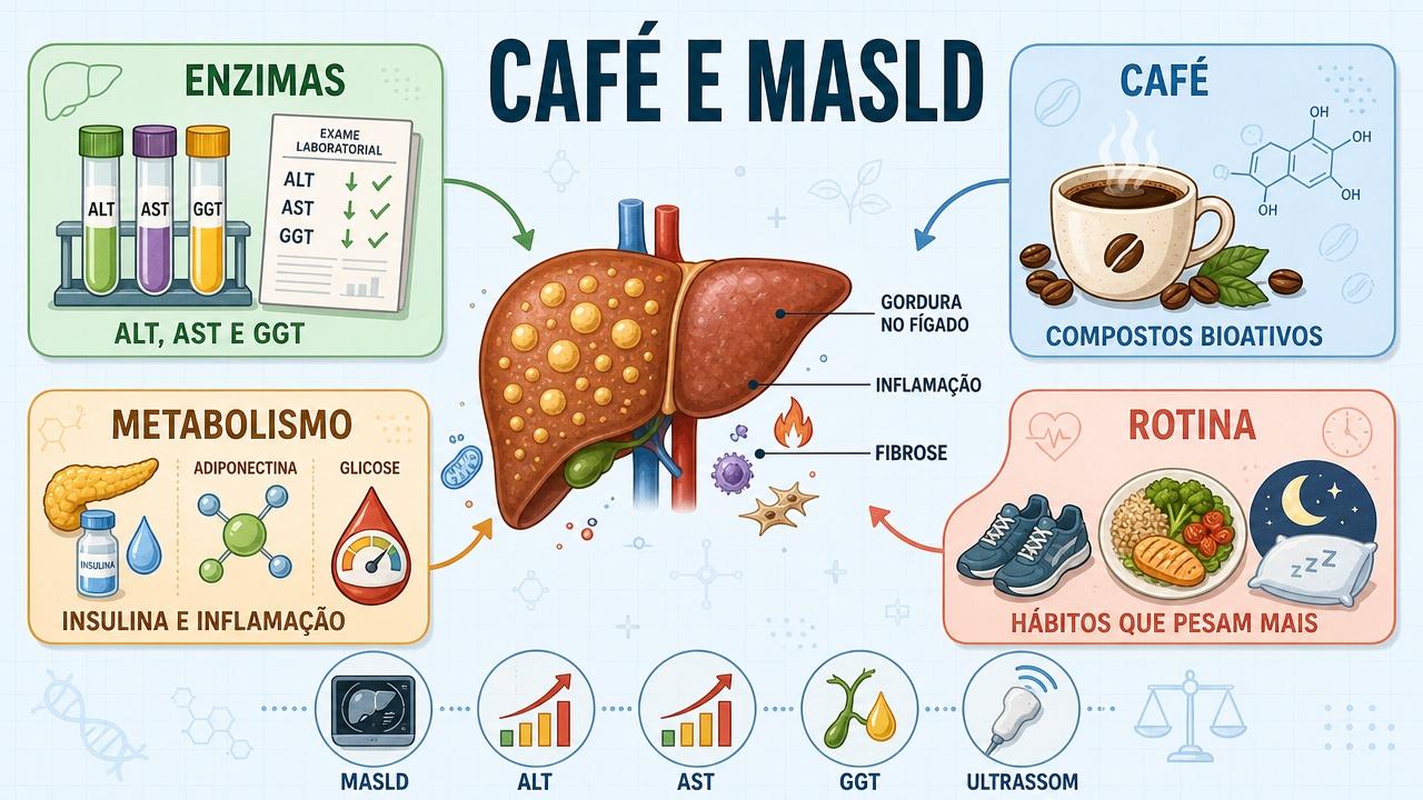 Infográfico resume enzimas hepáticas, compostos do café e pilares do cuidado.