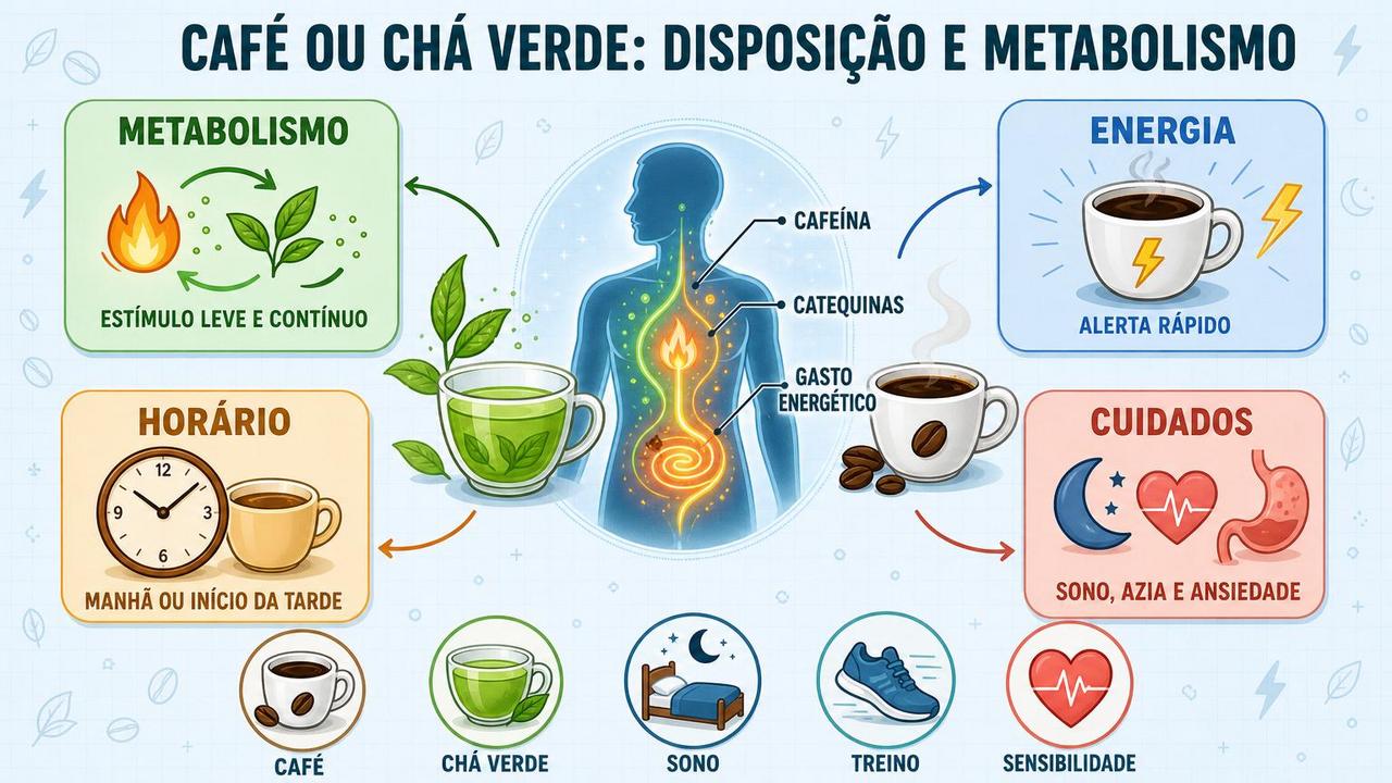 Infográfico resume metabolismo, energia, horário ideal e cuidados com cafeína.