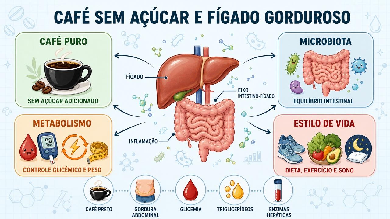 Infográfico resume café puro, microbiota, metabolismo e hábitos ligados ao fígado.
