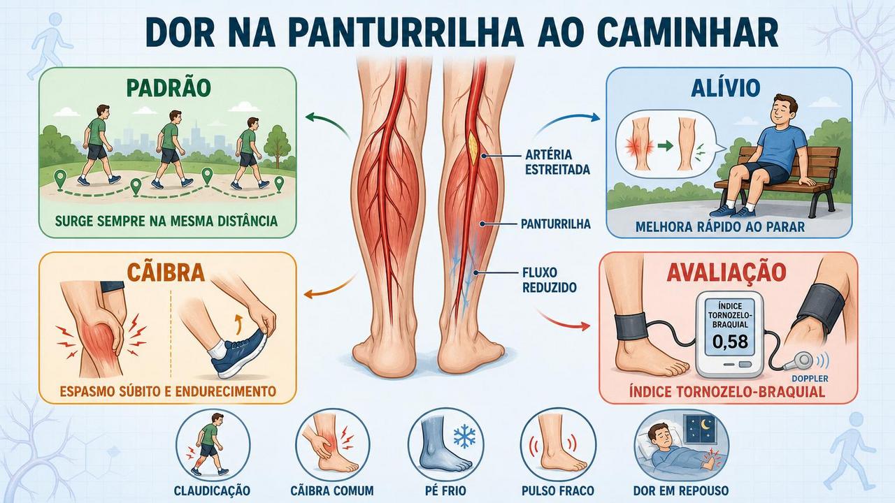 Infográfico mostra sinais que diferenciam claudicação vascular de cãibra muscular comum.