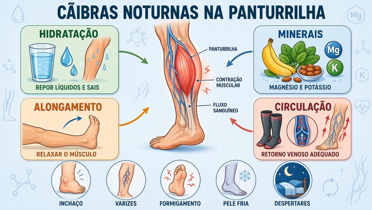 Hidratação, minerais, alongamento e circulação ajudam a reduzir cãibras noturnas.