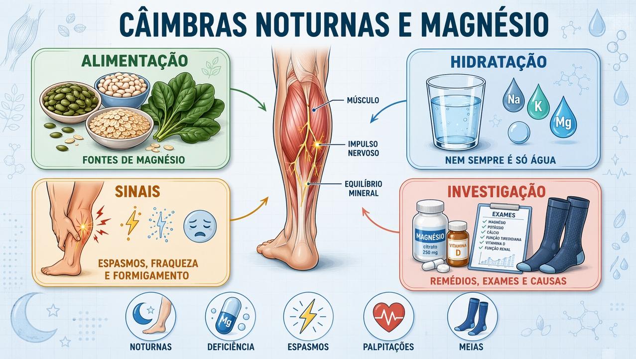 Alimentação, hidratação, sinais e investigação orientam o cuidado com câimbras noturnas.
