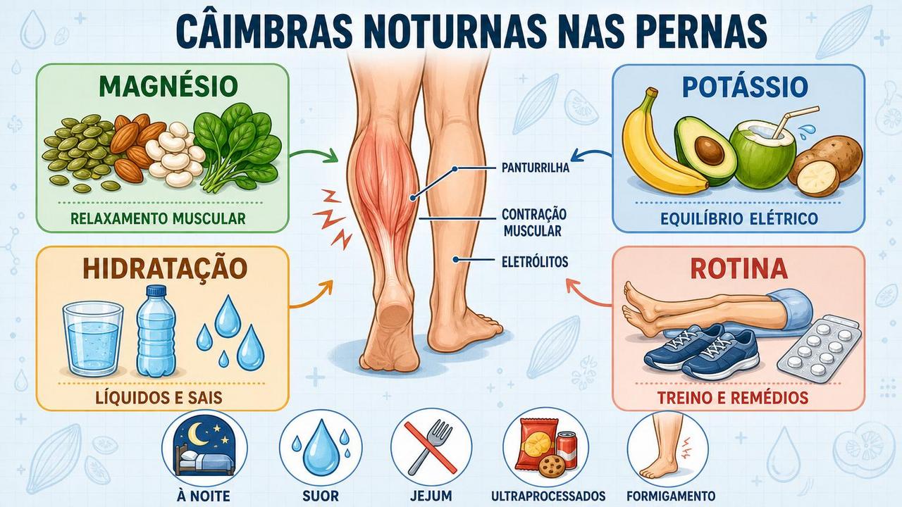 Infográfico mostra minerais, hidratação e rotina ligados às câimbras noturnas.