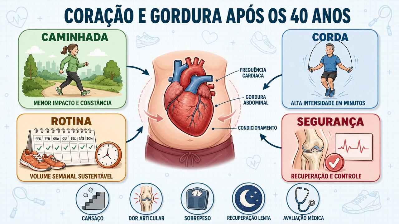 Infográfico compara impacto, intensidade, rotina e segurança cardiovascular após os 40.