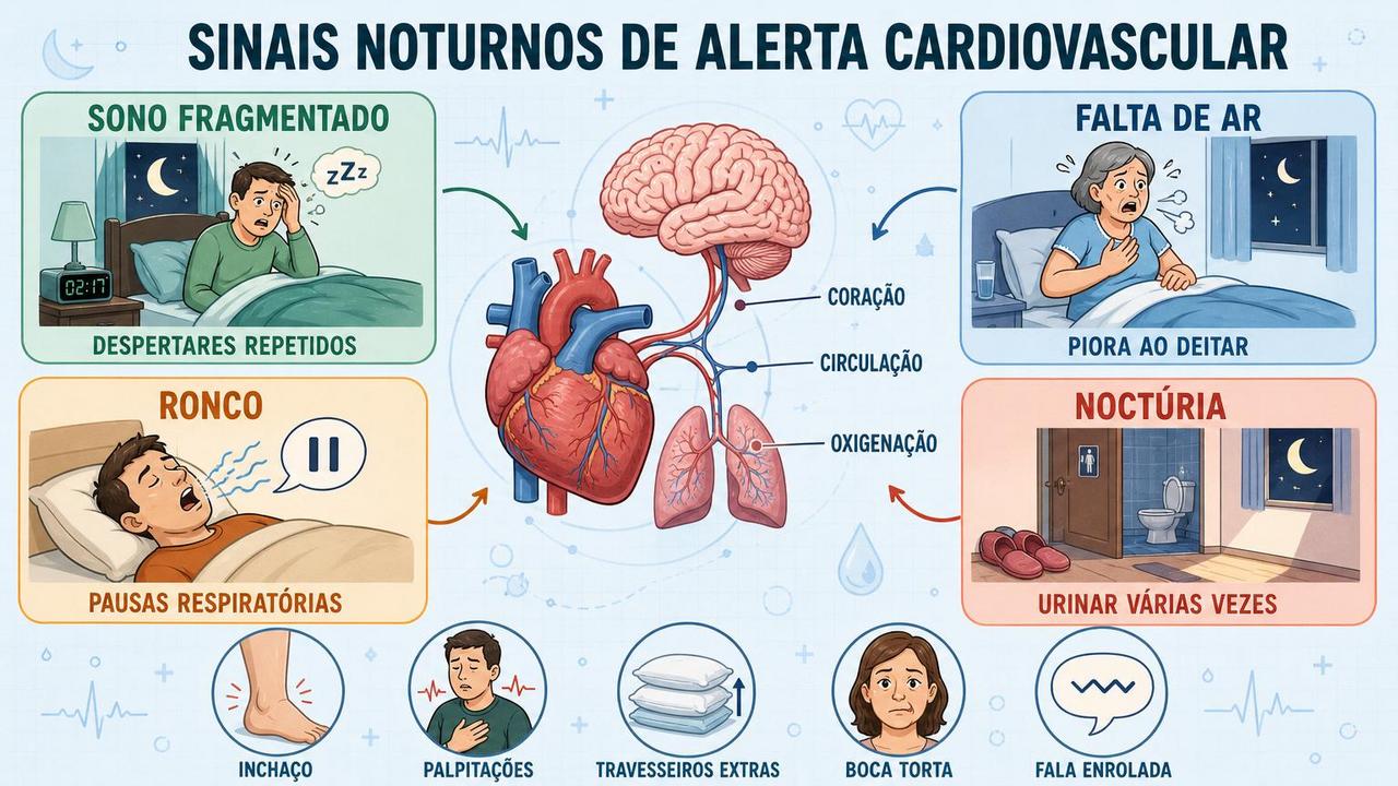 Sono fragmentado, falta de ar, ronco e noctúria formam sinais noturnos importantes.