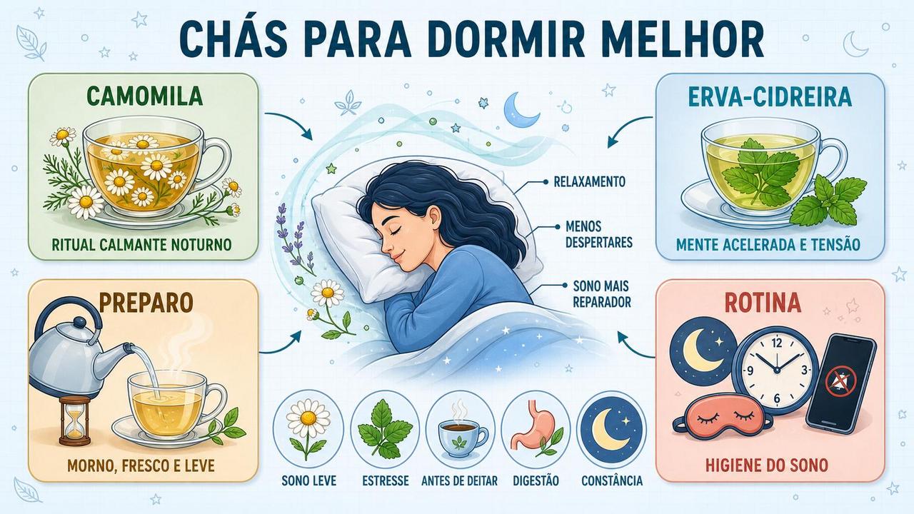 Camomila, erva-cidreira, preparo e rotina formam os pilares do sono.