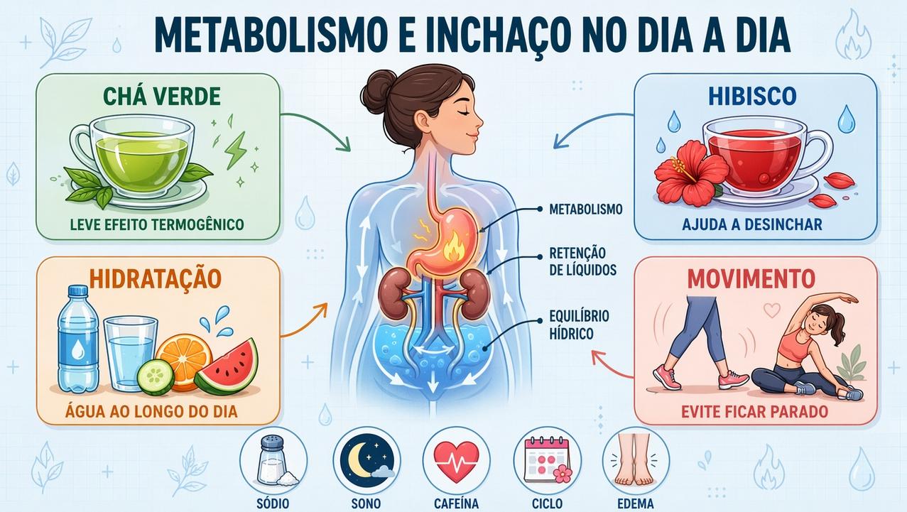 Infográfico resume chá verde, hibisco, hidratação e movimento contra retenção.