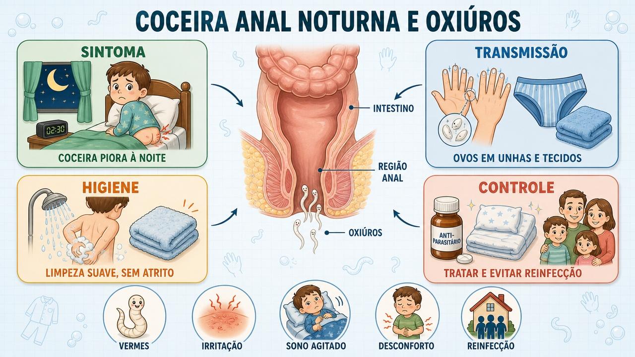 Infográfico resume sintomas, transmissão, higiene adequada e controle da reinfecção por oxiúros.