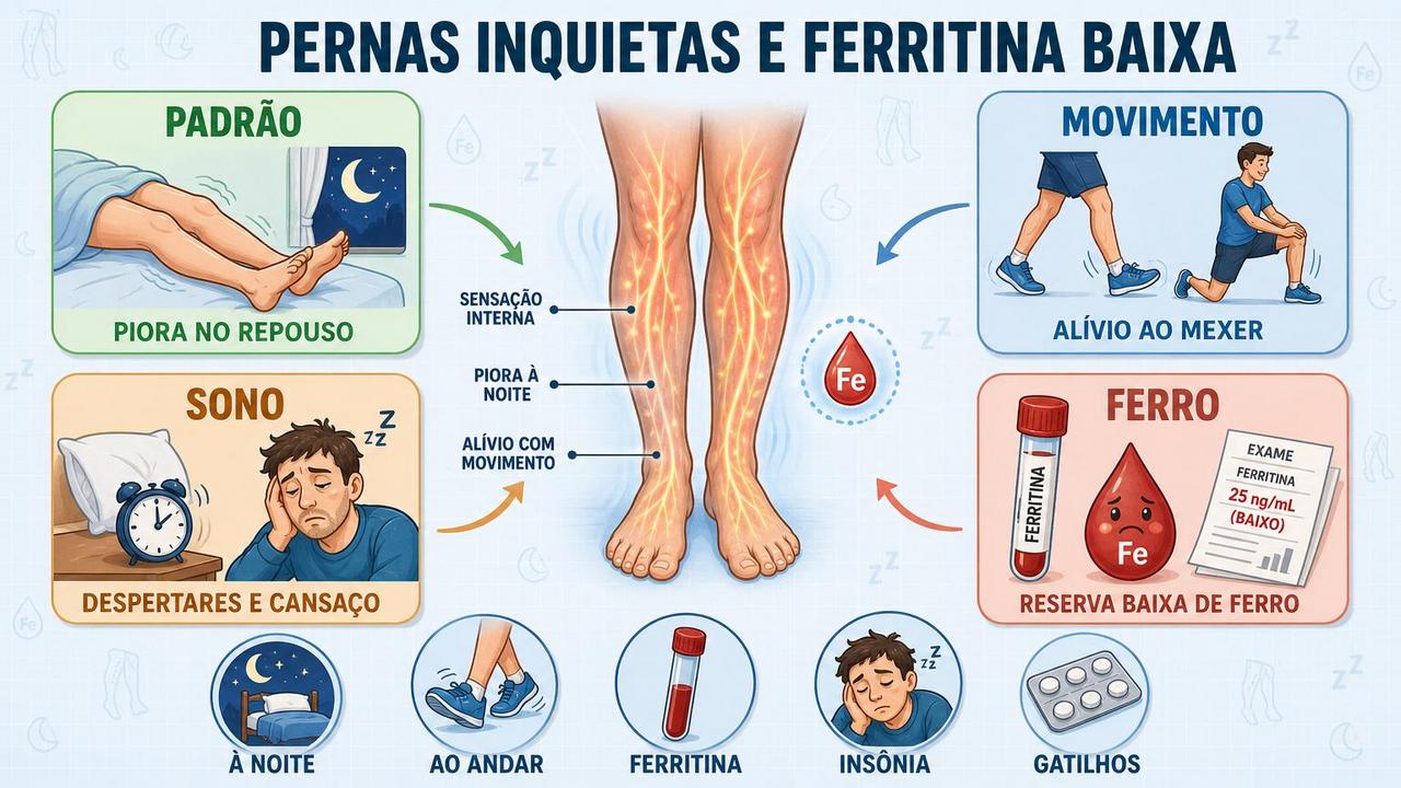 Padrão noturno, movimento, sono e ferro orientam a suspeita clínica.