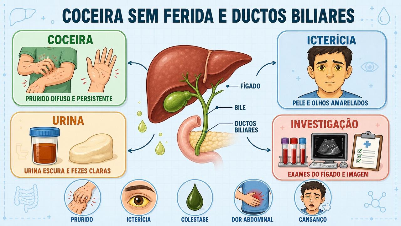 Infográfico resume sinais, investigação e relação entre prurido e ductos biliares.