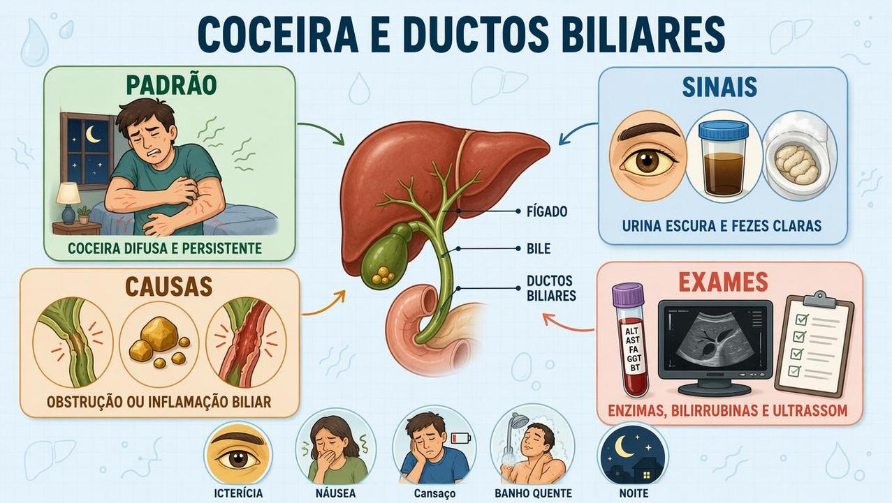 Infográfico resume padrão, sinais, causas e exames na coceira de origem biliar.