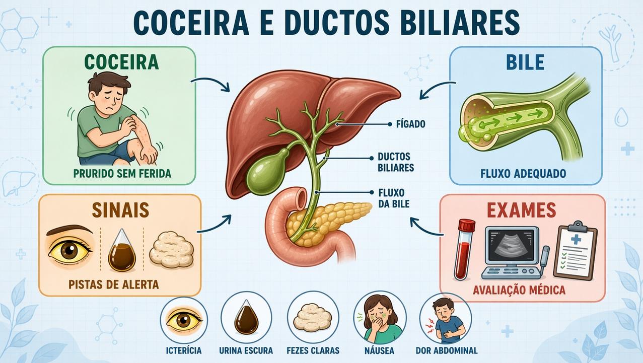 Infográfico reúne sinais, bile, exames e pistas de alterações biliares.