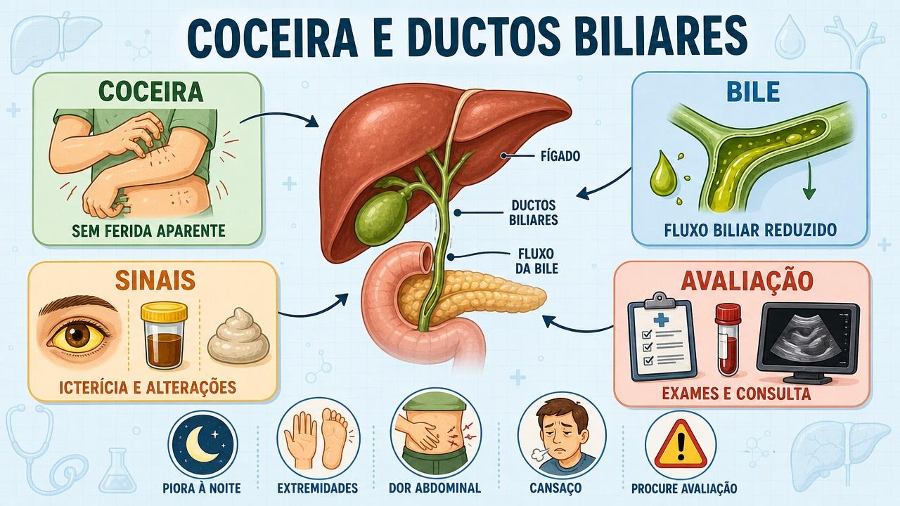 Infográfico resume coceira, fluxo biliar, sinais associados e avaliação médica.