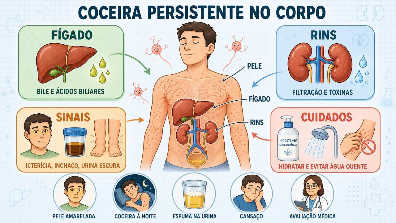 Infográfico resume fígado, rins, sinais de alerta e cuidados iniciais.