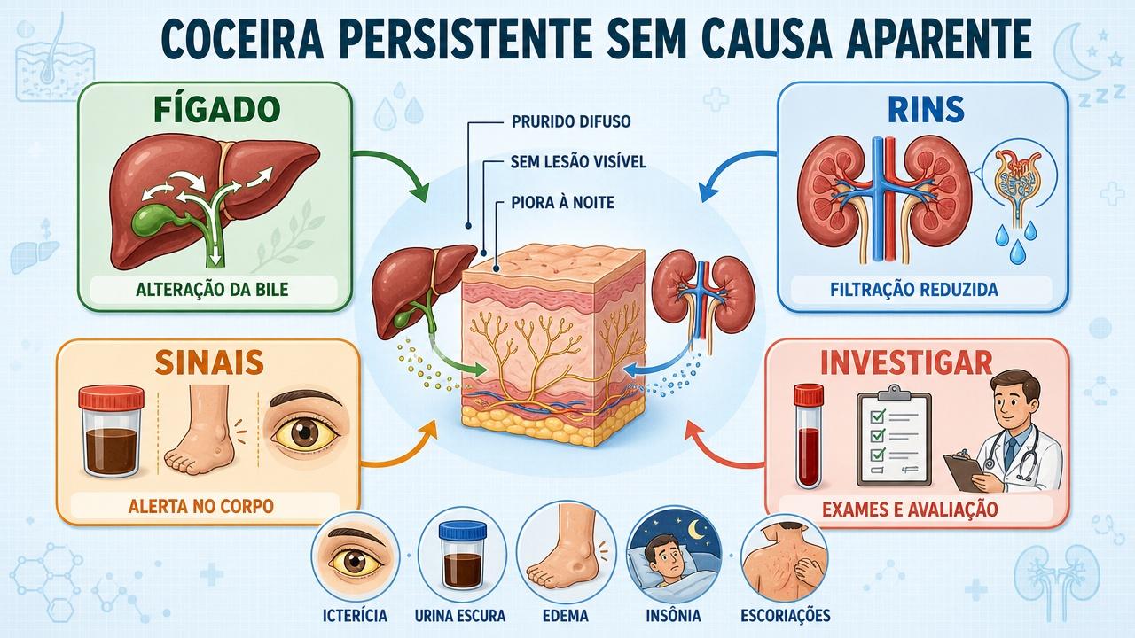 Fígado, rins, sinais de alerta e investigação orientam a avaliação da coceira.