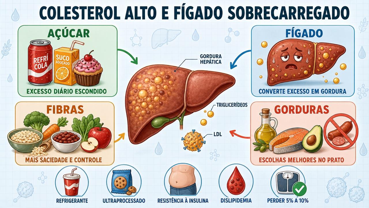 Infográfico mostra açúcar, fígado, fibras e gorduras na saúde metabólica.