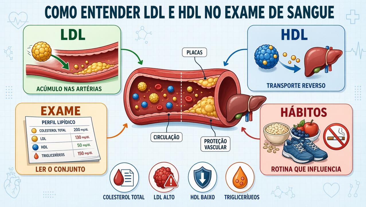 Infográfico resume LDL, HDL, exame, hábitos e sinais do lipidograma.